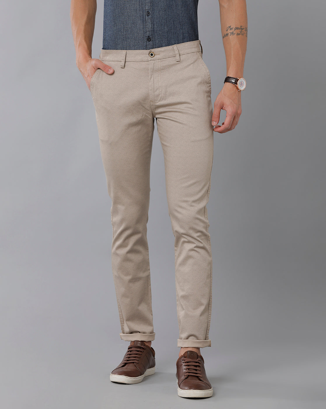 Classic Polo Men's 100% Cotton Moderate Fit Solid Ash Color Trouser