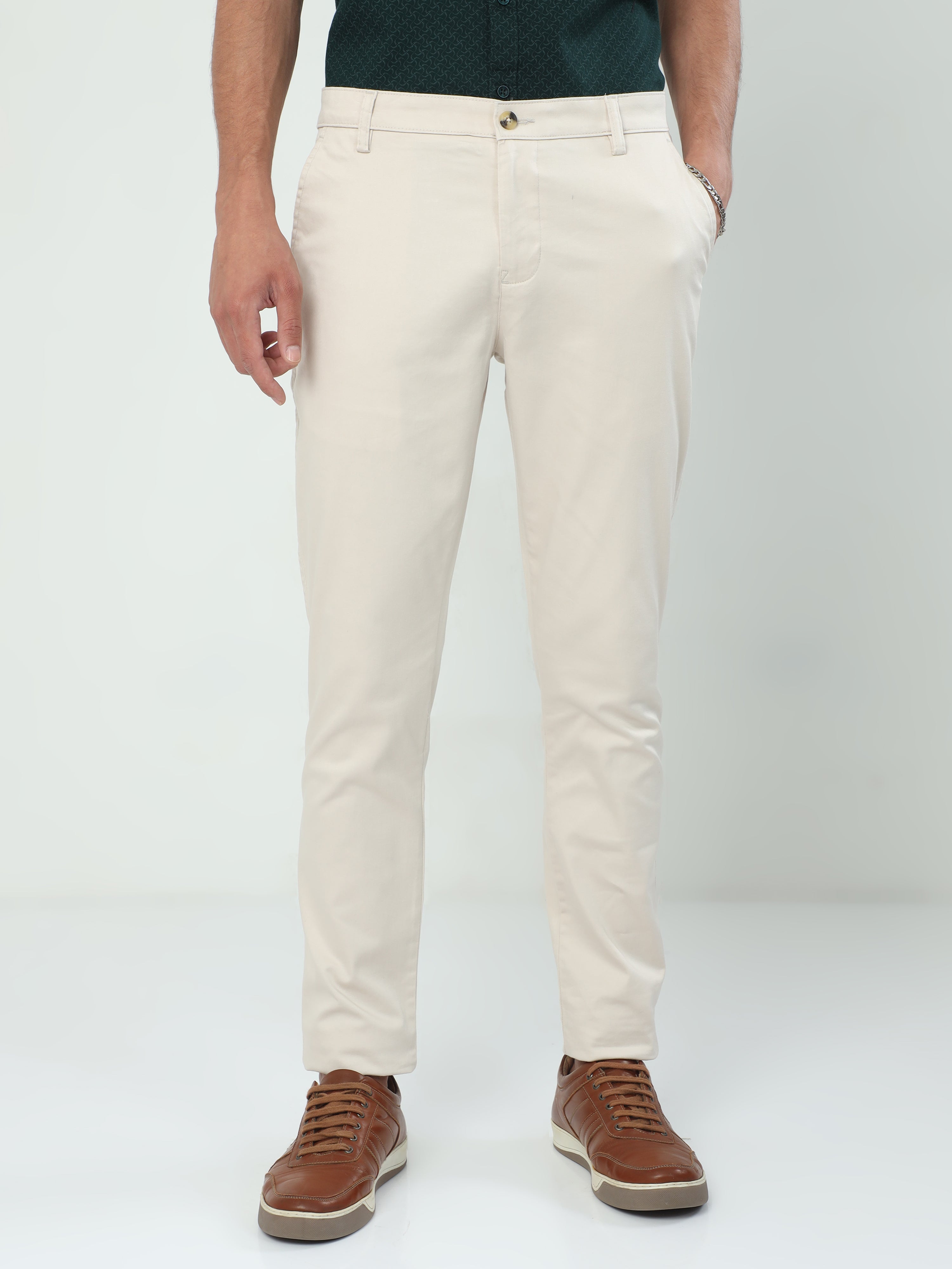 Classic Polo Men's 100% Cotton Moderate Fit Solid Cream Color Trouser