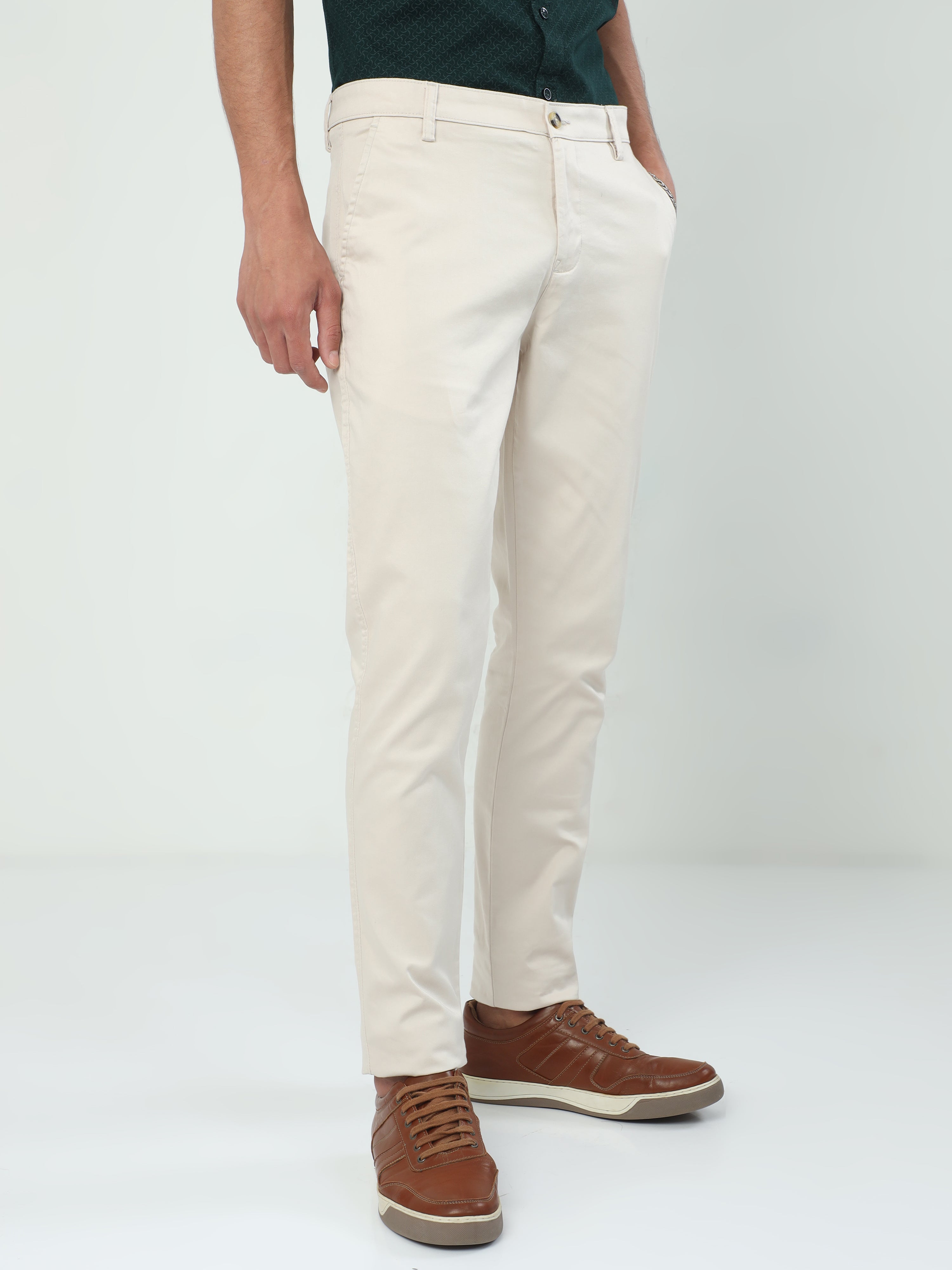 Classic Polo Men's 100% Cotton Moderate Fit Solid Cream Color Trouser |  TO1-37 B-CRM