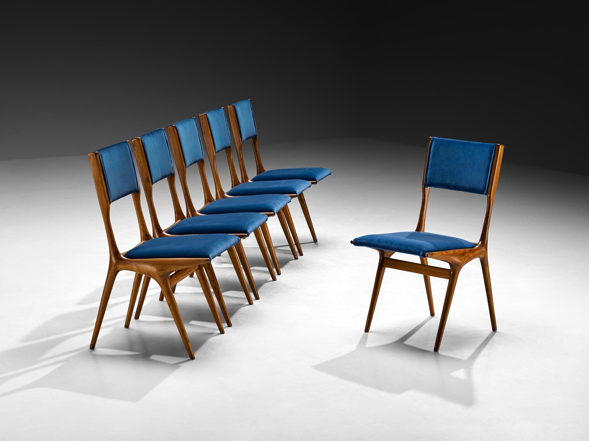 Cassina's '634' Dining Chairs by Carlo De Carli: Walnut and Blue Upholstery