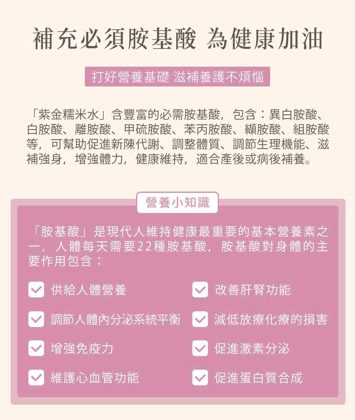 補充必須胺基酸、為健康加油!!打好營養基礎 滋補養護不煩惱~「紫金糯米水」含豐富的必需胺基酸，包含：異白胺酸、白胺酸、離胺酸、甲硫胺酸、苯丙胺酸、纈胺酸、組胺酸等，可幫助促進新陳代謝、調整體質、調節生理機能、滋補強身，增強體力，健康維持，適合產後或病後補養。人體每天需要22種胺基酸，胺基酸對身體的主要作用包含：✓供給人體營養、✓調節人體內分泌系統平衡、✓增強免疫力、✓維護心血管功能、✓改善肝腎功能、✓減低放療化療的損害、✓促進激素分泌、✓促進蛋白質合成、*「胺基酸」是現代人維持健康最重要的基本營養素之一。