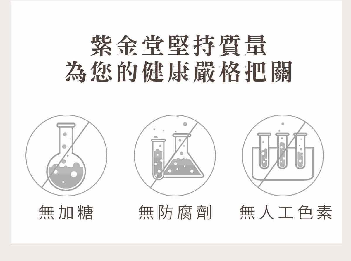 紫金堂堅持質量，為您的健康嚴格把關-無加糖、無防腐劑、無人工色素!