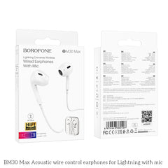 BOROFONE BM30 Max 1.2M Lightning Acoustic Wire Control Earphone with Mic White