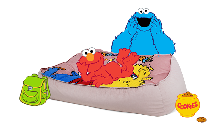 Elmo and Cookie Monster on a bean bag