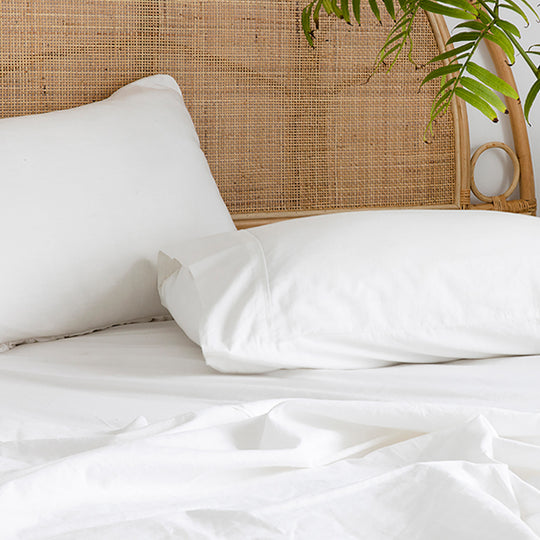 Two Pillows with Bambury Temple Organic Cotton Sheet Set Range Snow