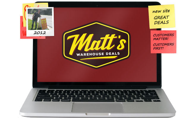 Matt's Warehouse Deals Story - Laptop showing Matt's Warehouse Deals logo for new site launch.