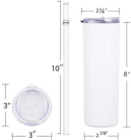 20 Oz Blank Straight White Sublimation Tumbler product dimensions