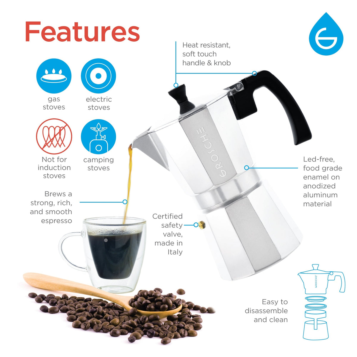 3 Cup Stovetop Espresso Maker, Moka Pot, Italian Coffee Maker