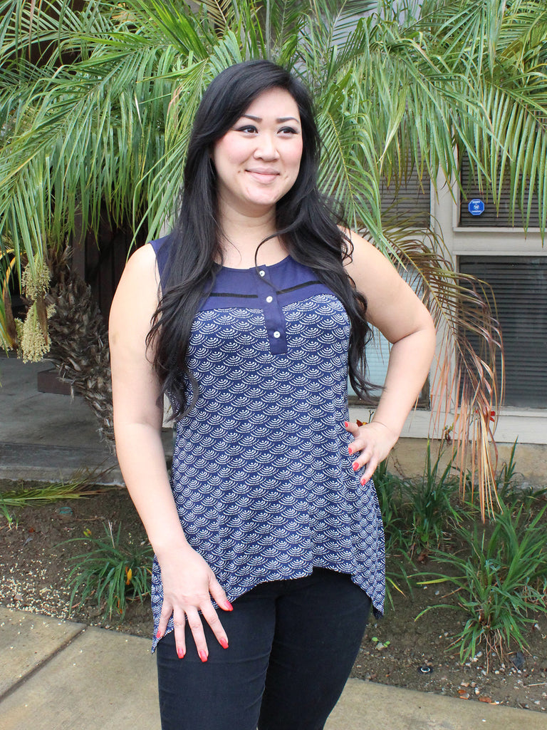 Navy Print Knit Trapeze Sleeveless Top | Relished