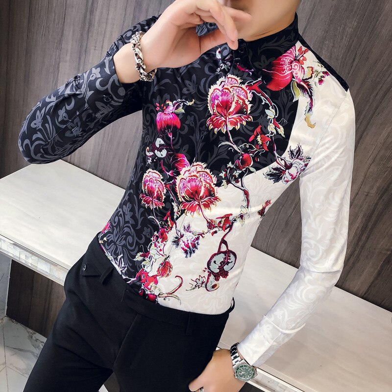 2018 Herbst Rose Blume Hemd Manner Langarm Shirt Slim Fit Phantasie Sh Borizcustom