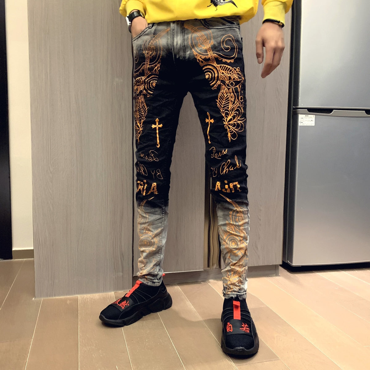 gold color jeans