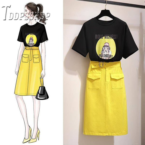 black top with yellow skirt