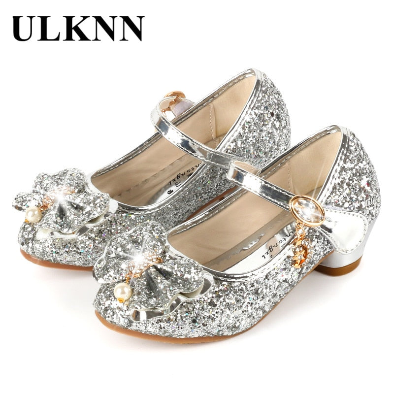 Ulknn Princess Kids Leather Shoes For Girls Flower Casual Glitter Children High Heel Girls Shoes Butterfly Knot Blue Pink Silver