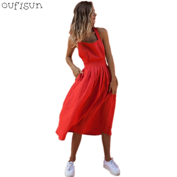 red backless midi dress