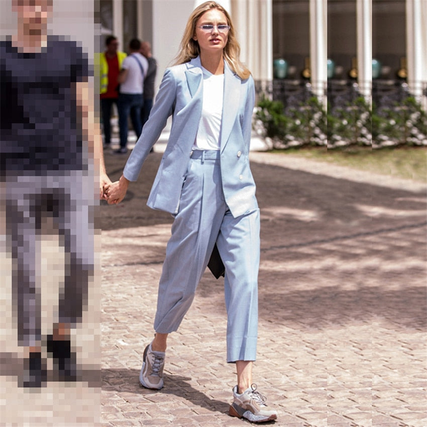 light blue blazer outfit womens