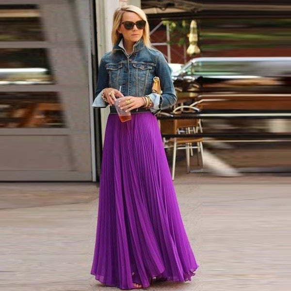 purple pleated maxi skirt