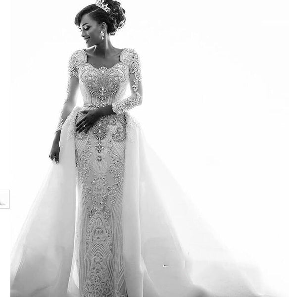 long sleeve gown with overskirt
