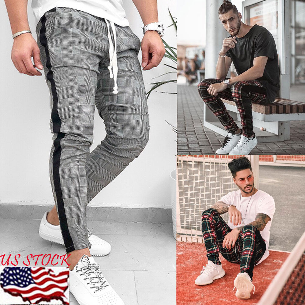 plaid pants with stripe mens