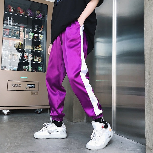 purple satin jogger pants