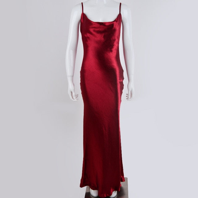 red satin slip dress long