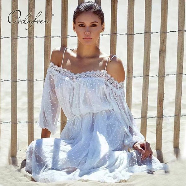 Ordifree Sundress White Lace Long Beach Dress Spagetti Strap Crochet Polka Dot Embroidery Sexy Boho Maxi Dress 2019 Summer Dress