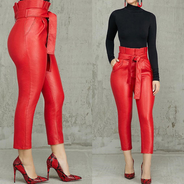 red leather pants high waisted
