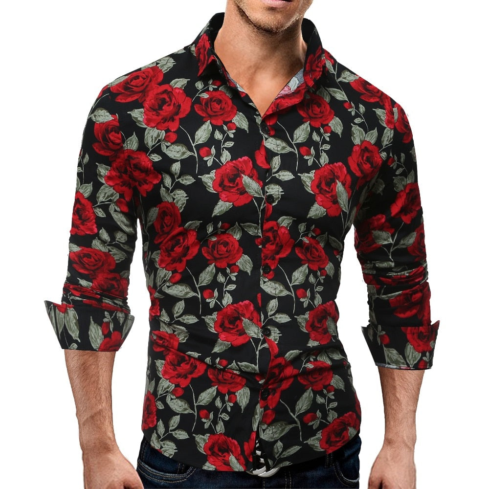 Shujin Manner Langarm Casual Shirt Mode Rose Blume 3d Drucken Floral H Borizcustom