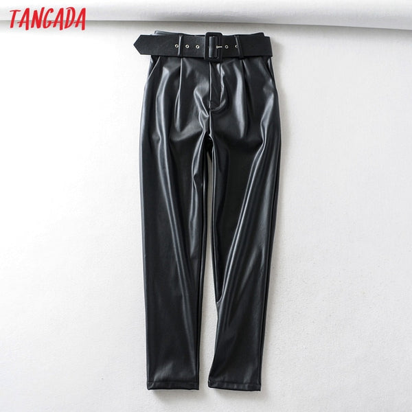 womens black faux leather trousers