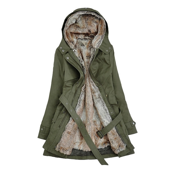 army green women's coat with fur hood