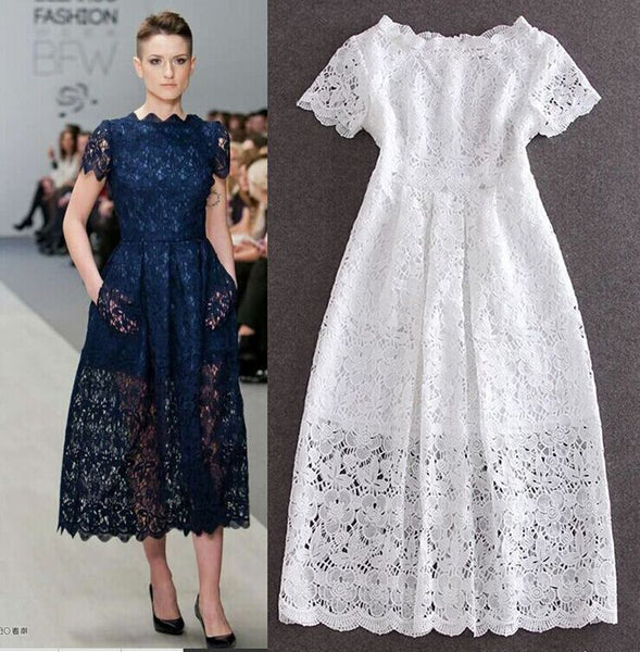 Fashion Summer White Flower Lace Big Sweep Maxi Dress Short Sleeve Hol