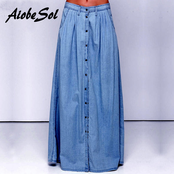 high waisted long denim skirt