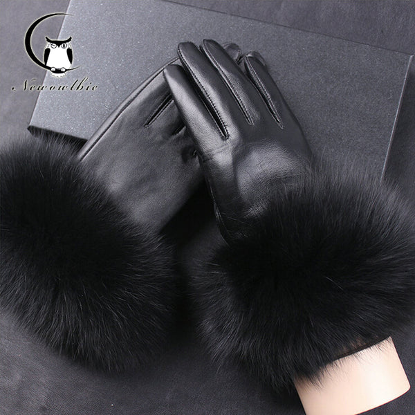 black leather gloves with fur