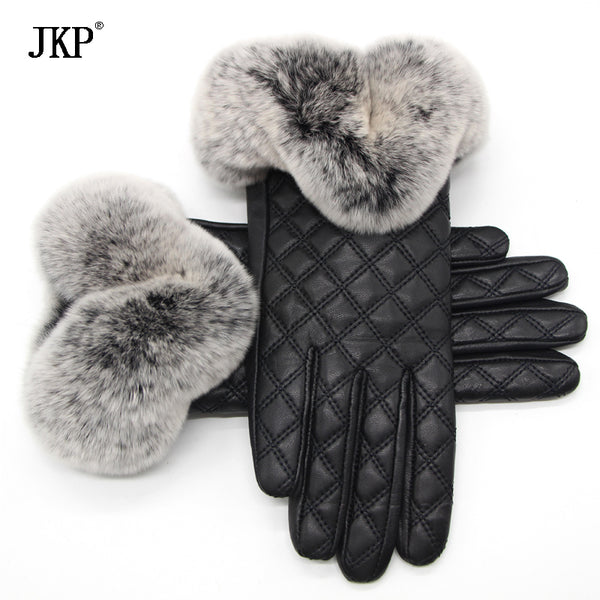 womens black leather gloves with rabbit fur