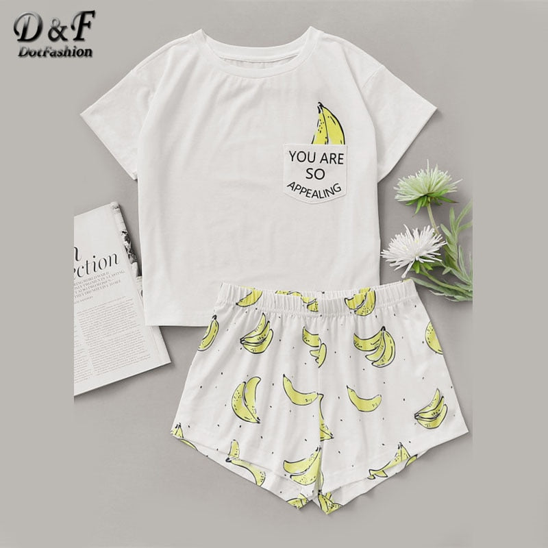 Ongebruikt Dotfashion Banana Print Pocket Front Top With Shorts Pajama Set XZ-19