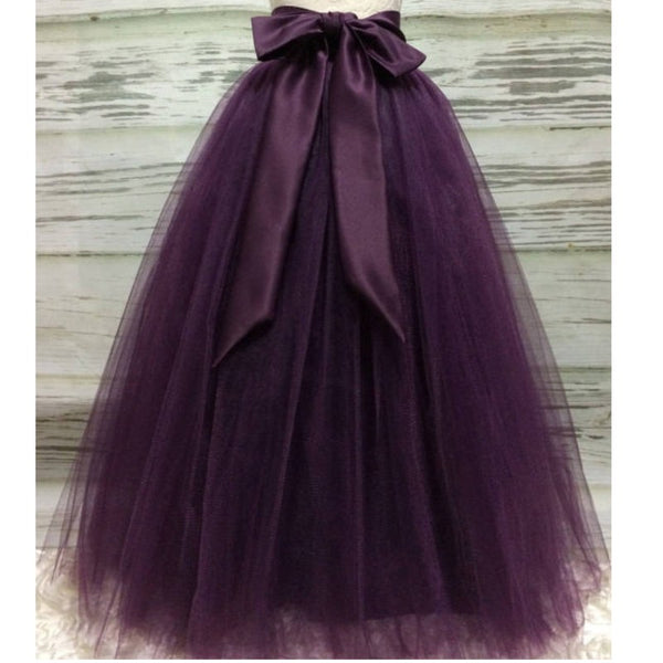 Puffy Dark Purple Long Tulle Skirts For Women With Riffon Sash Puffy T