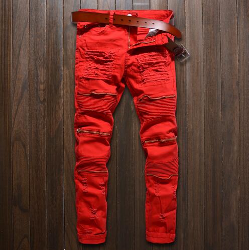 red distressed jeans