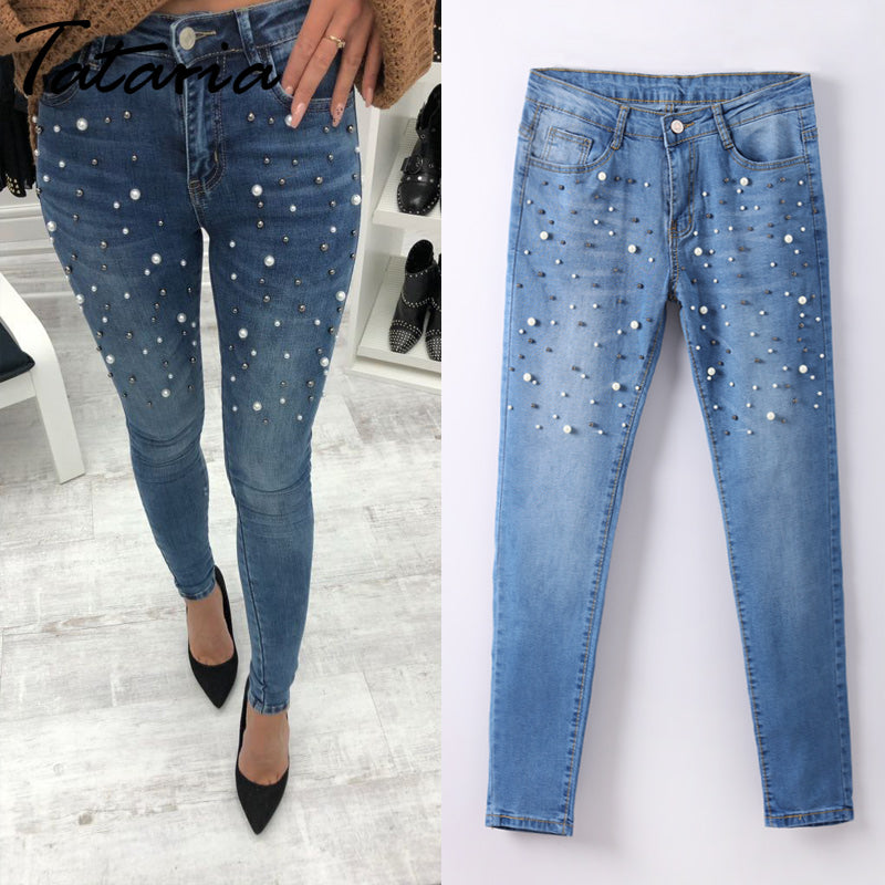 jeans with pearls on bottom
