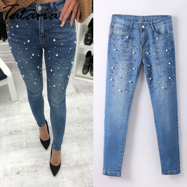 Denim Pearl Jeans Women Skinny Slim 