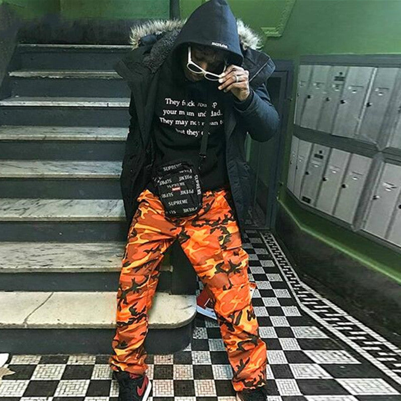 orange camo trousers mens