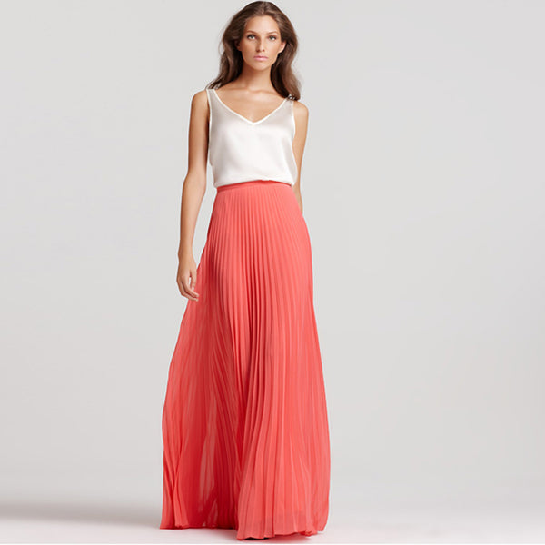 Custom Made Coral Chiffon Maxi Skirt High Waist Floor Length Pleated Long Skirt For Women Summer Boho Beach Saia Longa