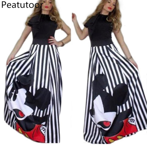 2018 Fashion Maxi Long Skirt Floor Length Ladies Elastic High Waist Muslim Skirts Women Mickey Printed Boho Vintage Midi Skirt