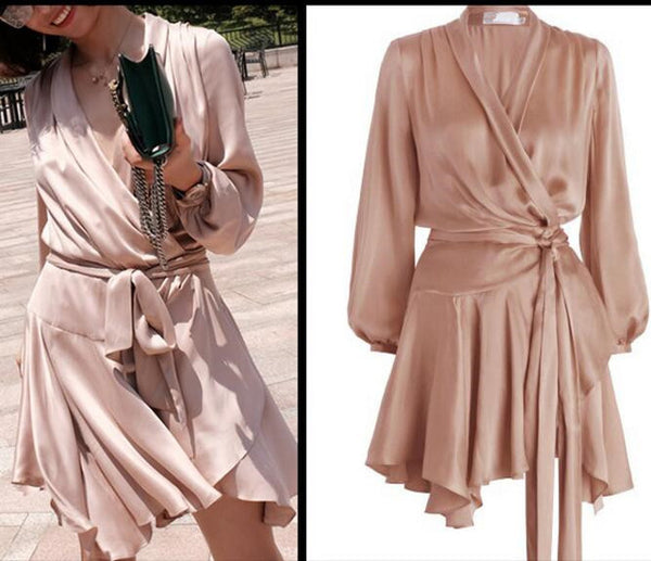 satin wrap mini dress long sleeve