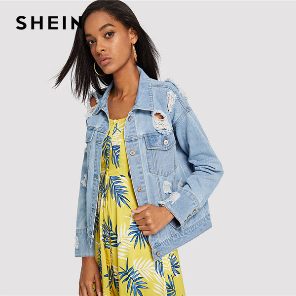 SHEIN Light Wash Destroyed Denim Jacket 