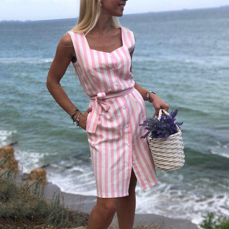 navy and pink striped dress