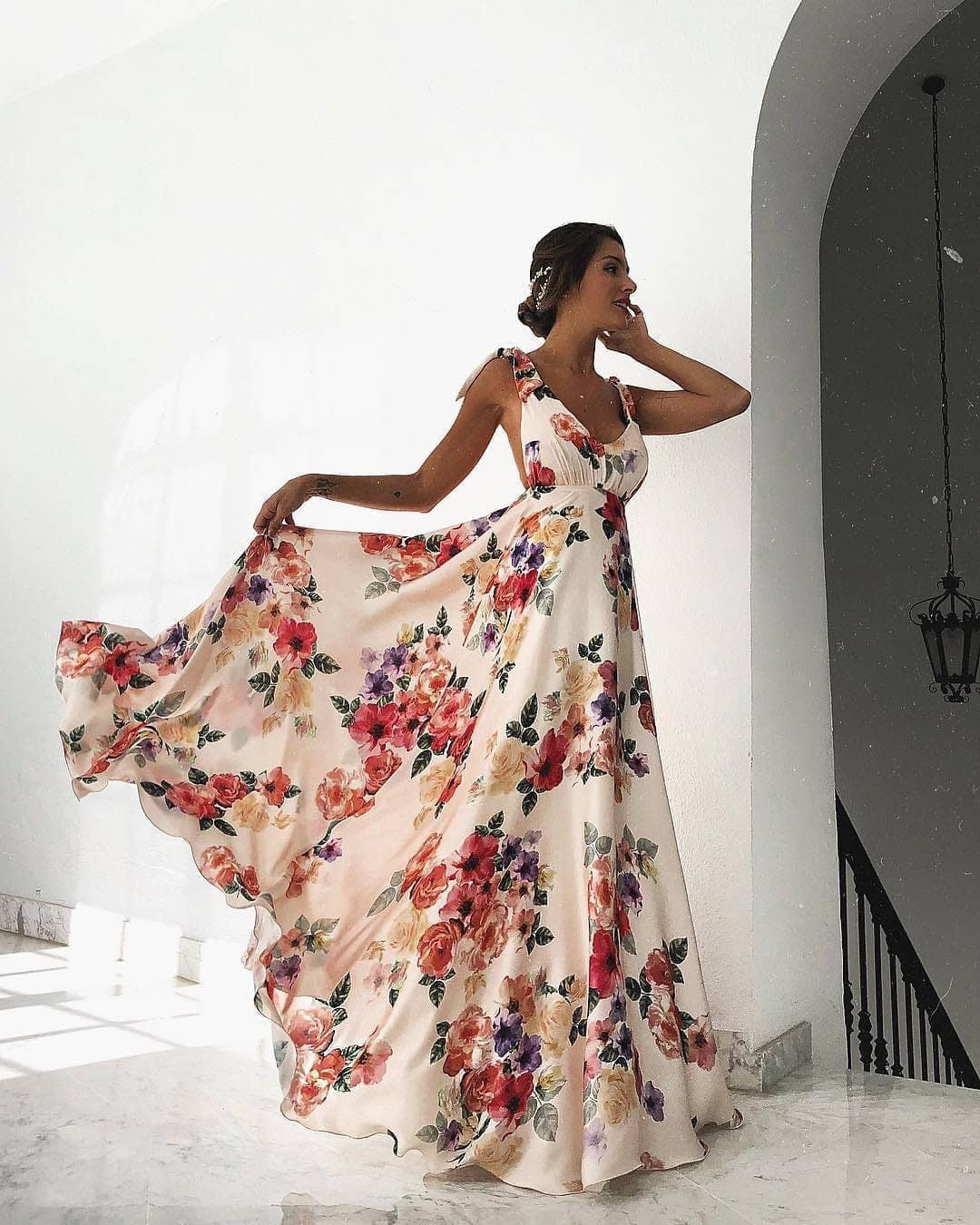 floral deep v neck backless maxi dress