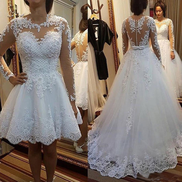 2018 Ball Gown Wedding Dresses Detachable Train Lace Appliques Pearls