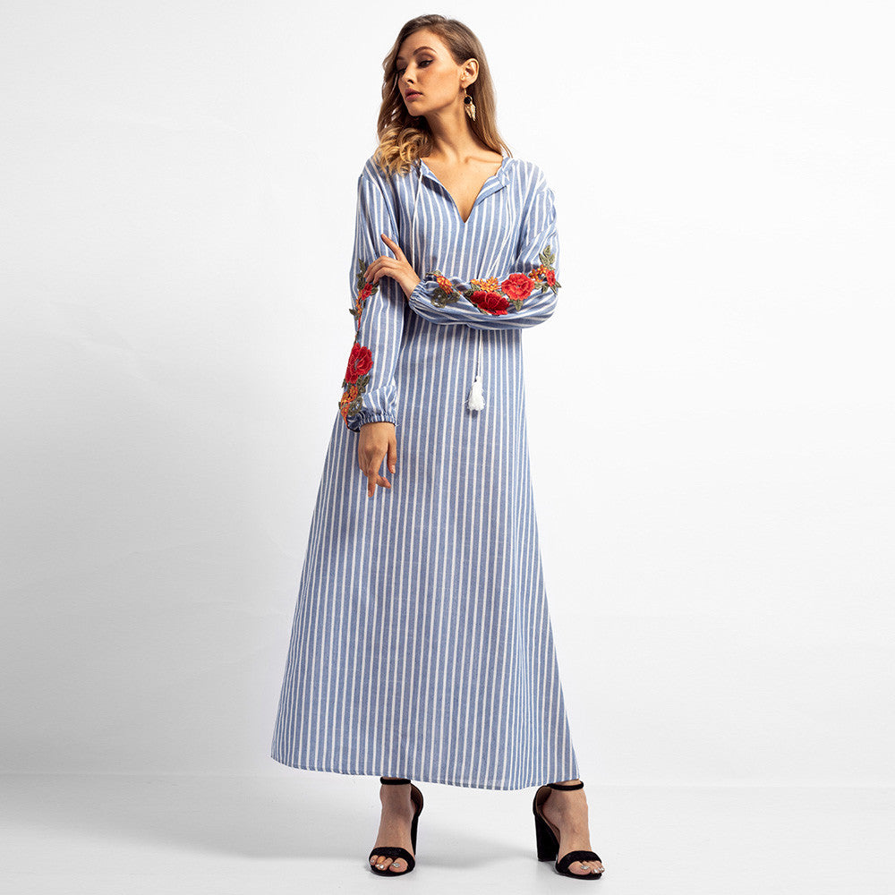 Women V-neck Stripe Embroidery Loose 