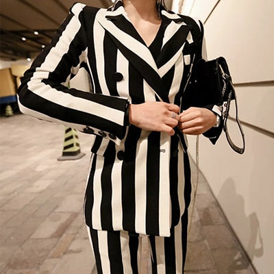 womens black and white striped dress pants