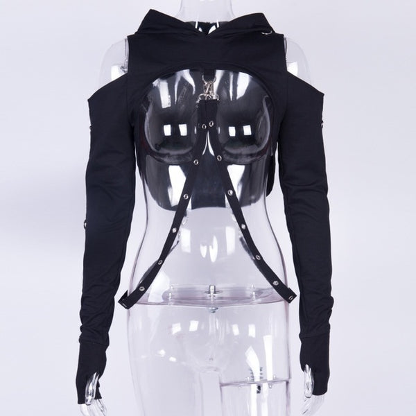 Instahot Black Cold Shoulder Hooded Hoodies Women Gothic Sexy Autumn L Borizcustom