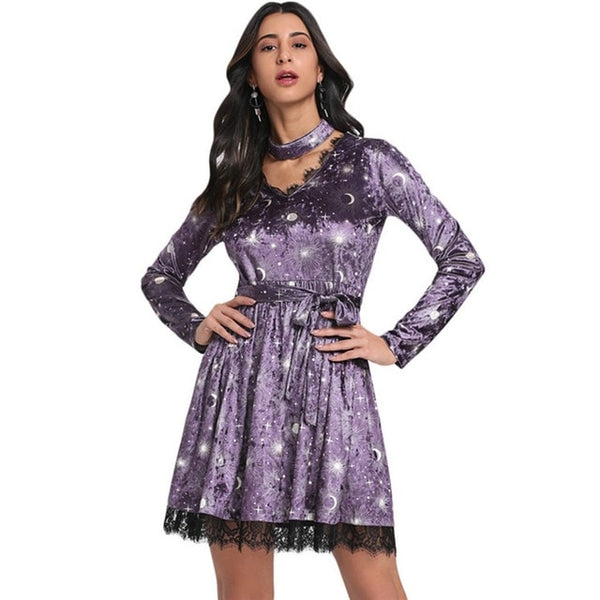 women purple patchwork v neck elegant lace dresses